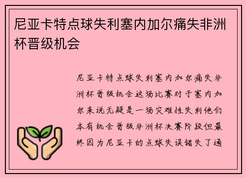 尼亚卡特点球失利塞内加尔痛失非洲杯晋级机会